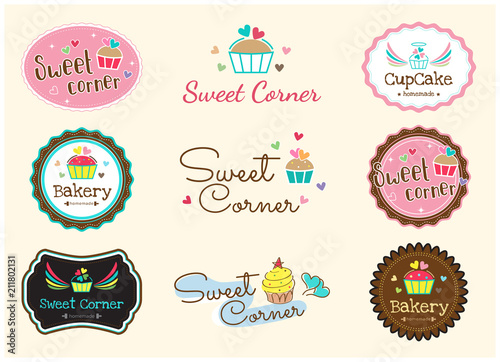 Set of cute sweet bakery badge label and logo