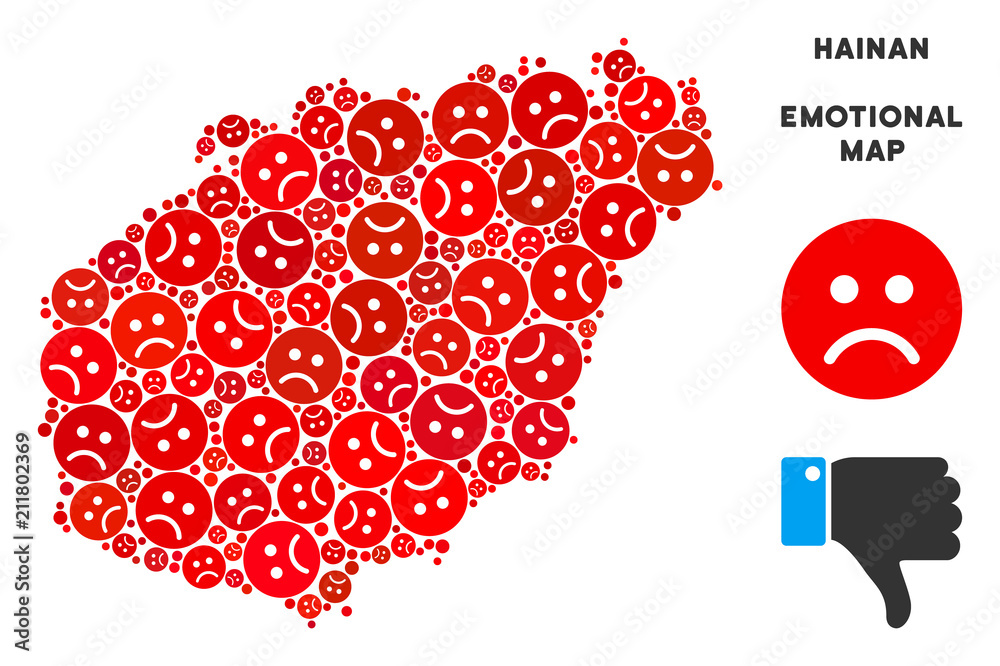 Naklejka Emotion Hainan Island map composition of sad emojis in red colors. Negative mood vector template of crisis regions. Hainan Island map is created from red pity emotion symbols. Abstract territory plan.