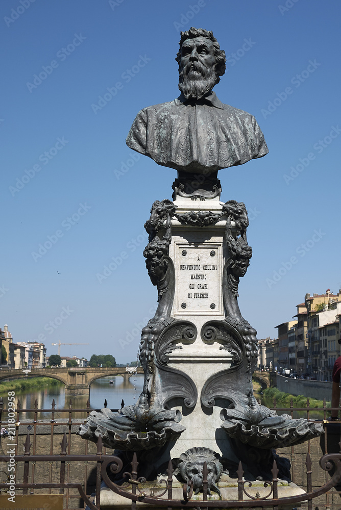 Firenze, Italy - June 21, 2018 : View of Benvenuto Cellini bust in Ponte Vecchio