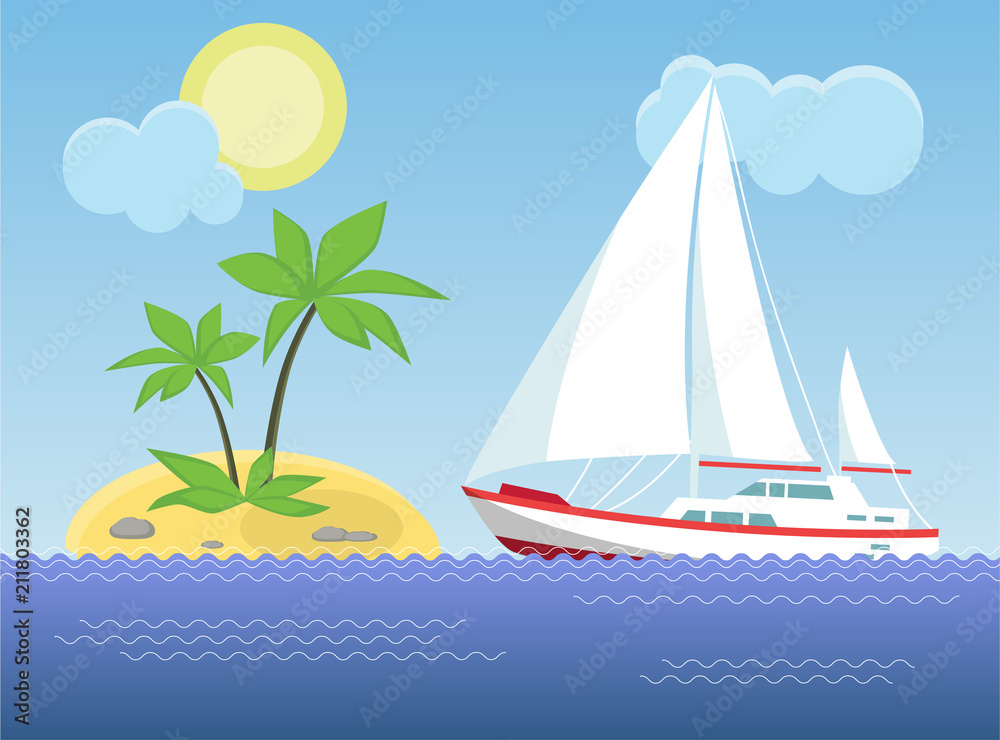 Yacht in the sea on the background of the sunny sky and sand beach. Vector illustration.