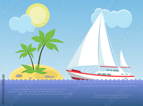 Fototapeta Naklejka Na Ścianę i Meble -  Yacht in the sea on the background of the sunny sky and sand beach. Vector illustration.