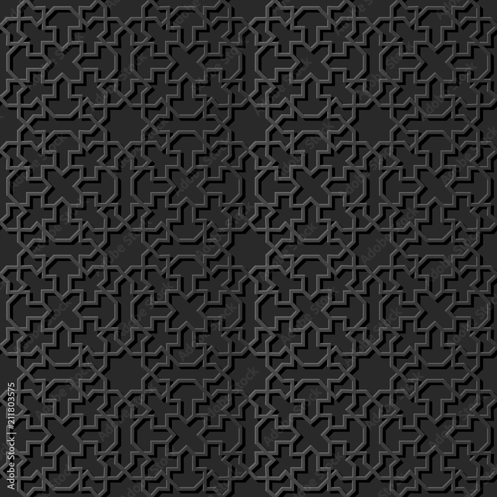 3D dark paper art Islamic geometry cross pattern seamless background 3D dark paper art Islamic geometry cross pattern seamless background