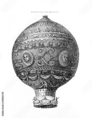 An engraved illustration of Montgolfier's Balloon from a vintage book Encyclopaedia Britannica by A. and C. Black, vol. 2, of 1875.