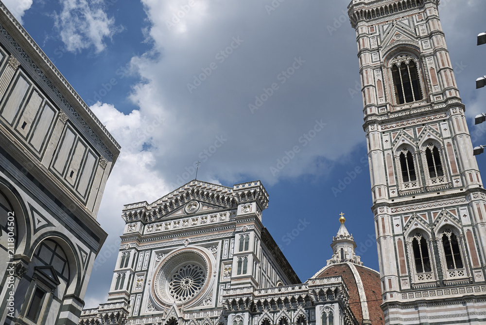 Firenze, Italy - June 21, 2018 : View of Florence Cathedral (Cattedrale di Santa Maria del Fiore) and Giotto bell tower (Campanile di Giotto)