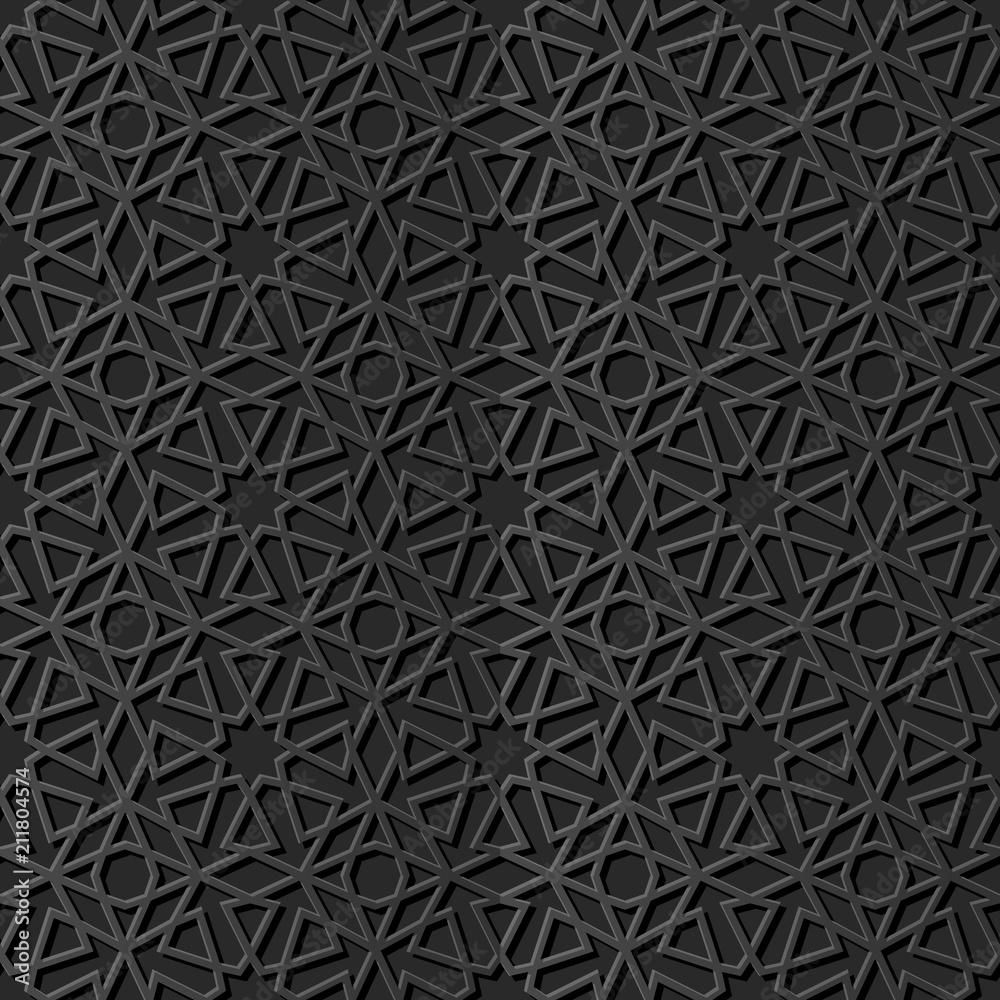 3D dark paper art Islamic geometry cross pattern seamless background 3D dark paper art Islamic geometry cross pattern seamless background