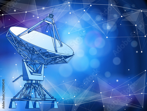 Satellite Dishes Antenna - doppler radar, digital wave and blue technology background - abstract illustration of science, astronomy, information technology, network solutions and digital technologies