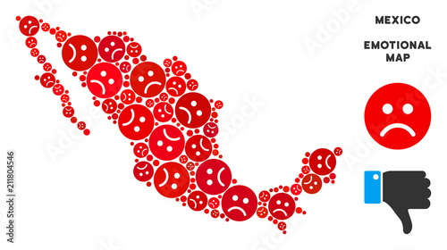 Sorrow Mexico map composition of sad emojis in red colors. Negative mood vector concept of depression regions. Mexico map is formed of red sad emotion symbols. Abstract territorial plan.