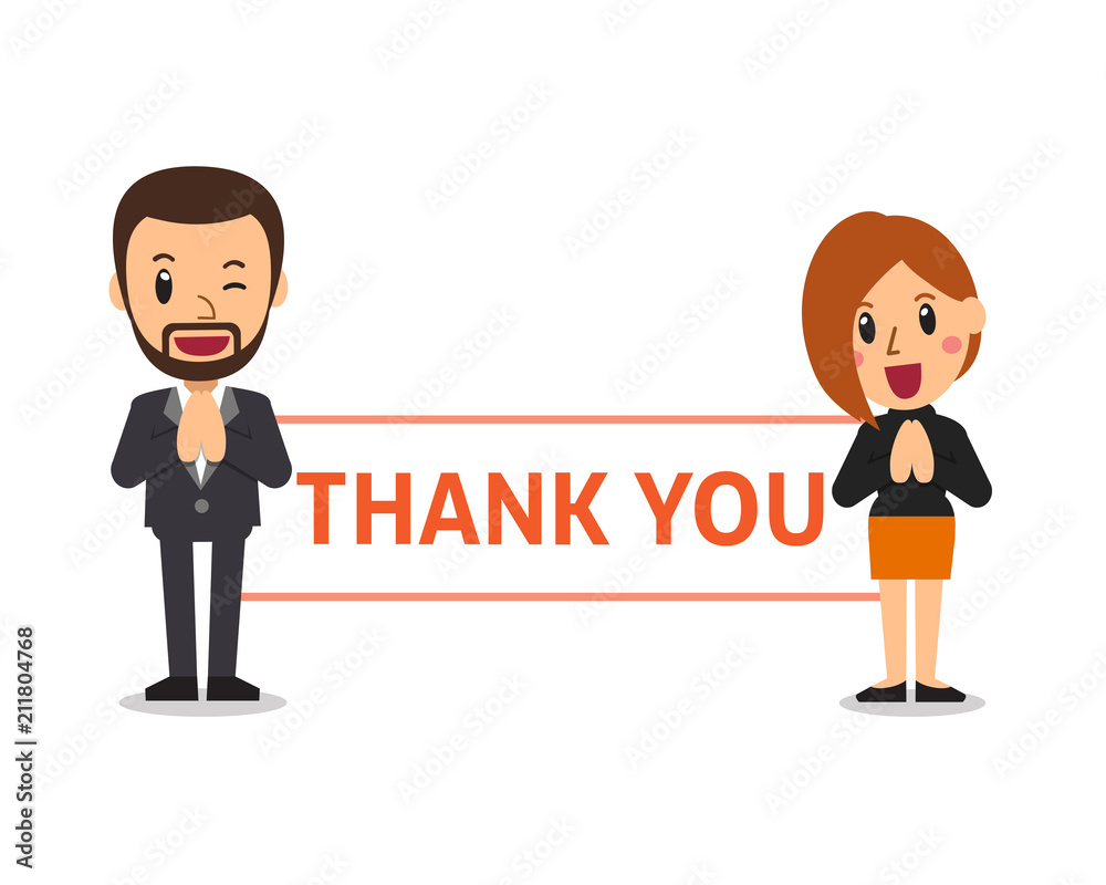 Vector cartoon business people holding thank you sign for design. Stock