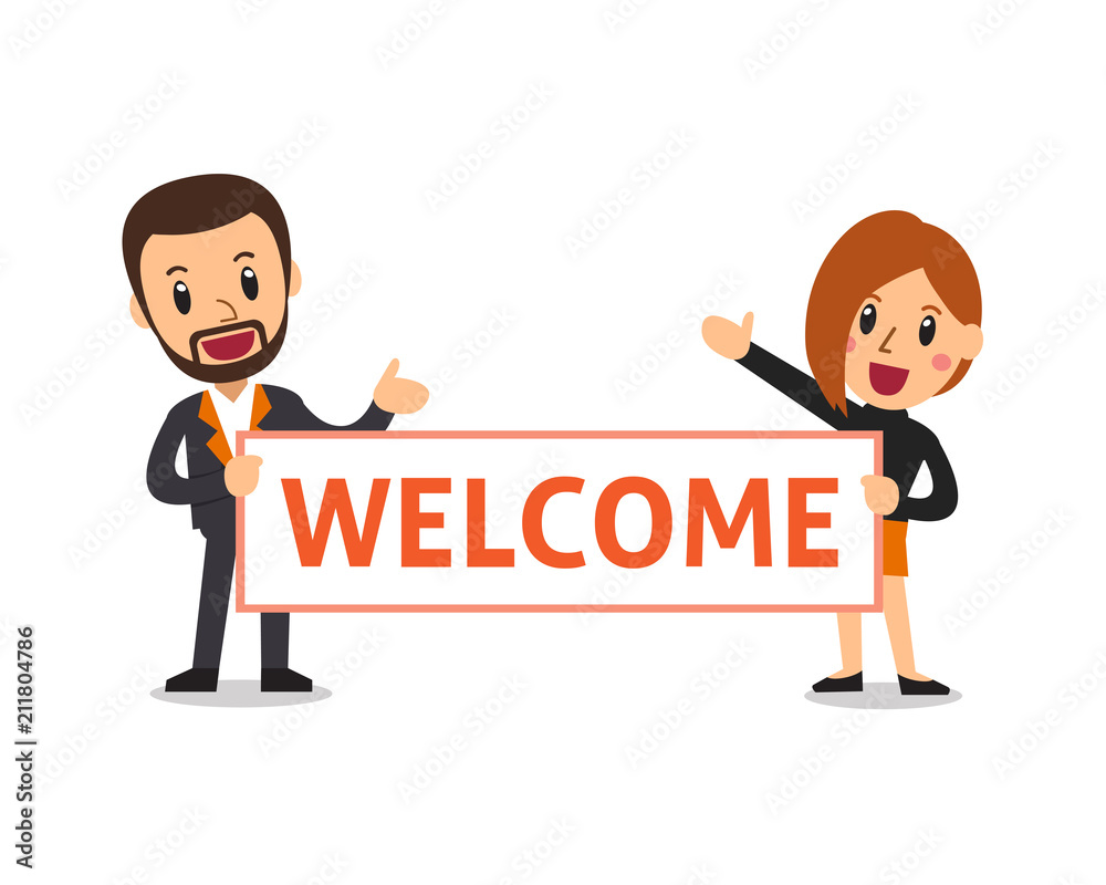 Vector cartoon business people holding welcome sign for design. Stock  Vector | Adobe Stock