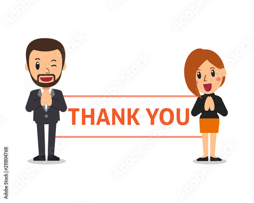Vector cartoon business people holding thank you sign for design.