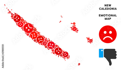 Emotion New Caledonia Islands map composition of sad smileys in red colors. Negative mood vector concept of crisis regions. New Caledonia Islands map is formed of red sadness emotion symbols.