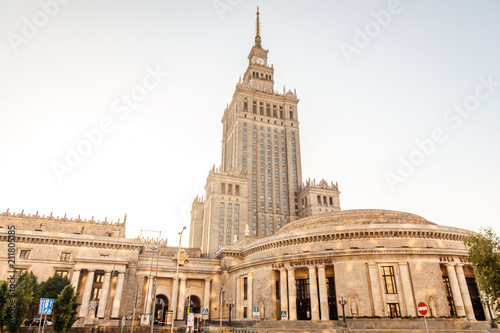 view of the palace of culture and arts at dawn in Warsaw Poland