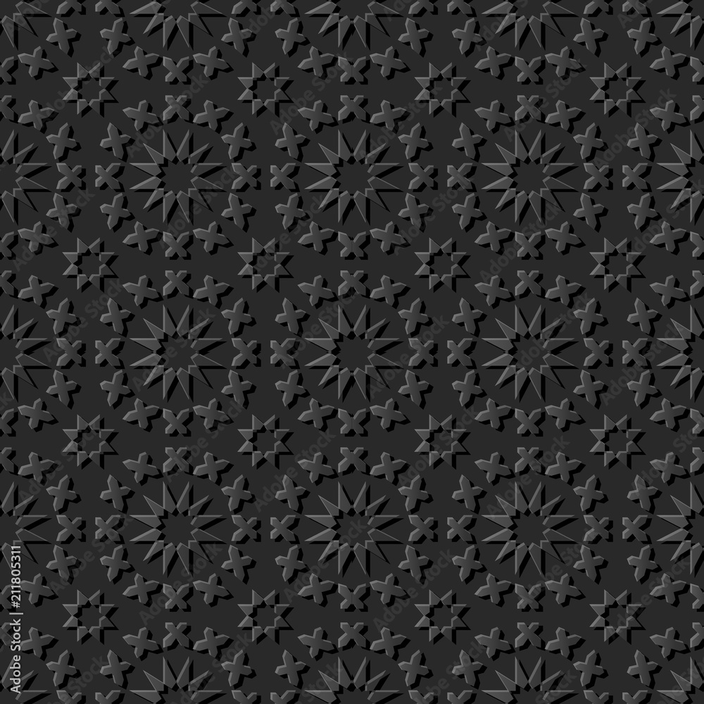 Fototapeta premium 3D dark paper art Islamic geometry cross pattern seamless background