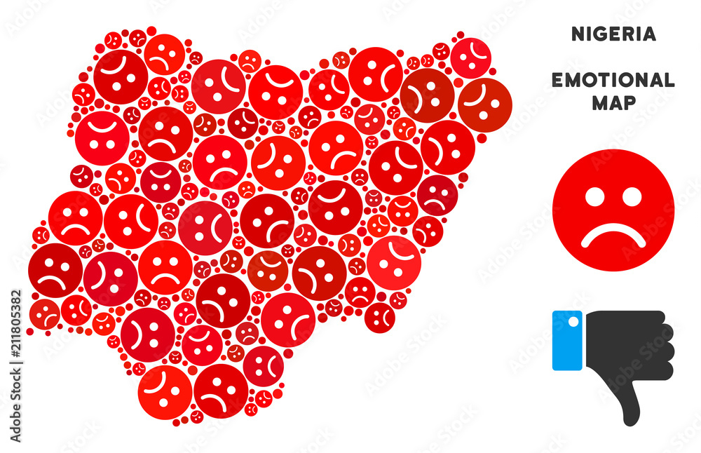 Naklejka Emotion Nigeria map composition of sad smileys in red colors. Negative mood vector template of depression regions. Nigeria map is designed with red sad emotion symbols. Abstract geographic plan.