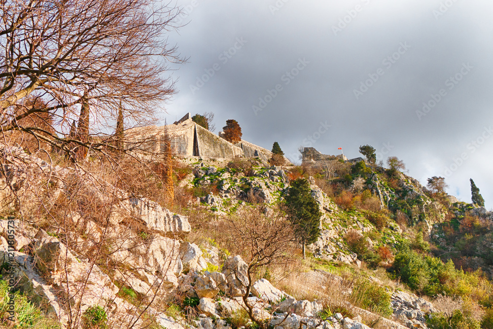 Fototapeta premium Montenegro. Kotor. Landscape. Fortress at the top of the mountain