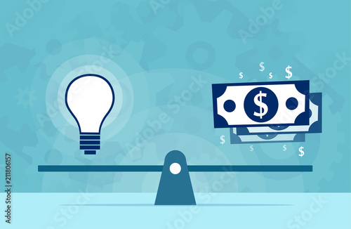 Light bulb idea and money on scales