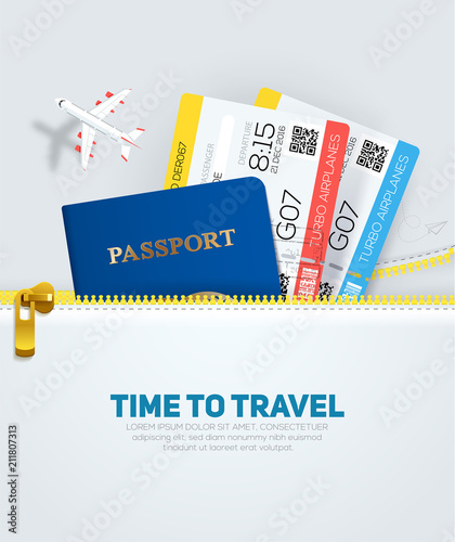 Banner concept for travel and tourism with passport and tickets in flat style from your zipper pocket.