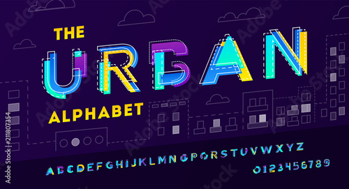 Colorful urban modern font and alphabet made of pieces of paper.