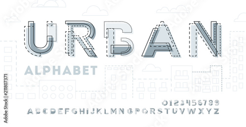Monochrome urban modern font and alphabet made of pieces of paper.