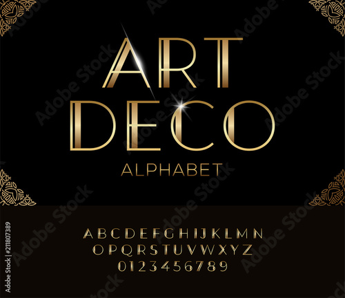Elegant golden font and alphabet in Art deco style. photo