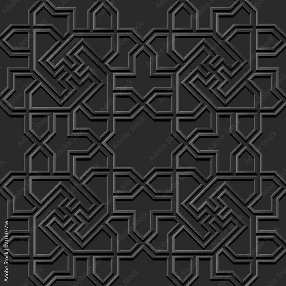3D dark paper art Islamic geometry cross pattern seamless background 3D dark paper art Islamic geometry cross pattern seamless background