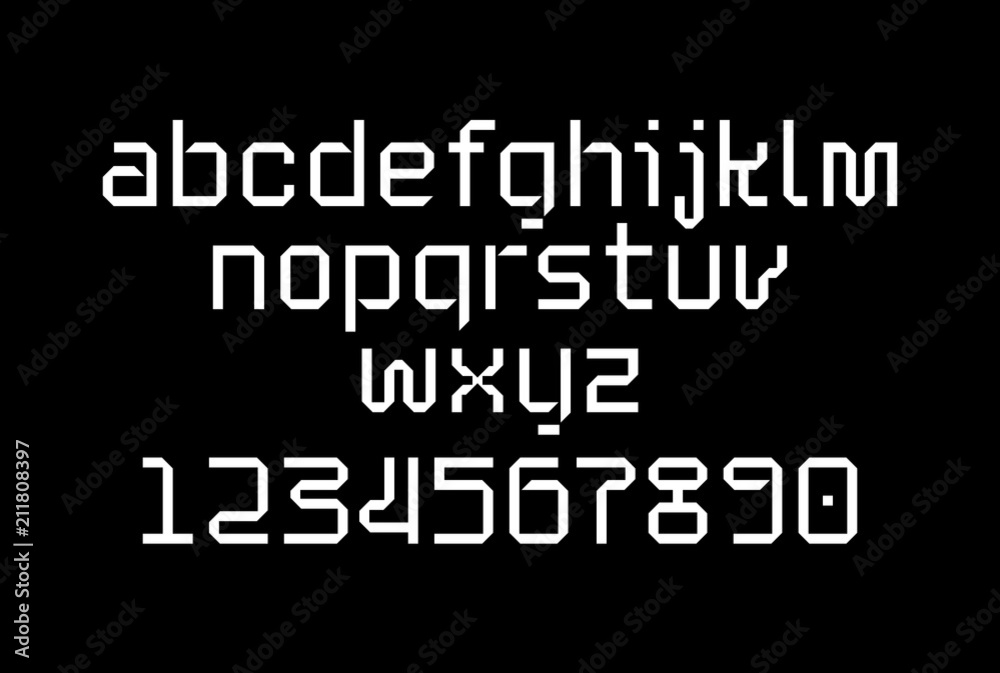 Geometric techno tape font, uppercase latin letters and numerals, electric and futuristic display type that works for game screens and music bands covers, labels and products