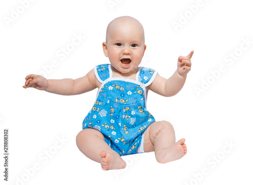 Portrait of a happy baby in a blue Romper and beret on a white background © ppicasso