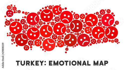 Sorrow Turkey map collage of sad emojis in red colors. Negative mood vector concept of crisis regions. Turkey map is made from red sorrow icons. Abstract area plan.