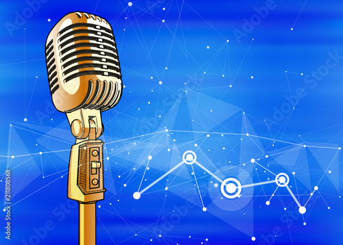 A microphone on a blue technological background is surrounded by a sound wave. Atmosphere of sound recording studio, chamber concert, night disco club or karaoke club / vector