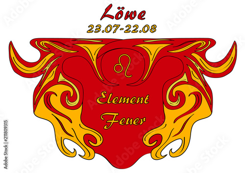 Sternzeichen Löwe, mit deutschem Text: Löwe, Datum, Element Luft, Vektorgrafik eps10