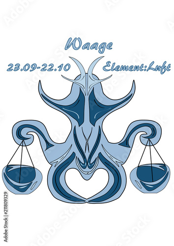 Sternzeichen Waage, mit deutschem Text: Waage, Datum, Element Luft, Vektorgrafik eps10