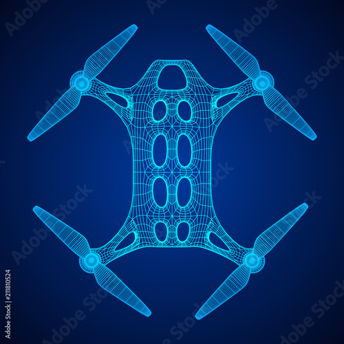 Remote control air drone. Dron flying with action video camera. Wireframe low poly mesh vector illustration