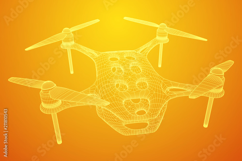 Remote control air drone. Dron flying with action video camera. Wireframe low poly mesh vector illustration
