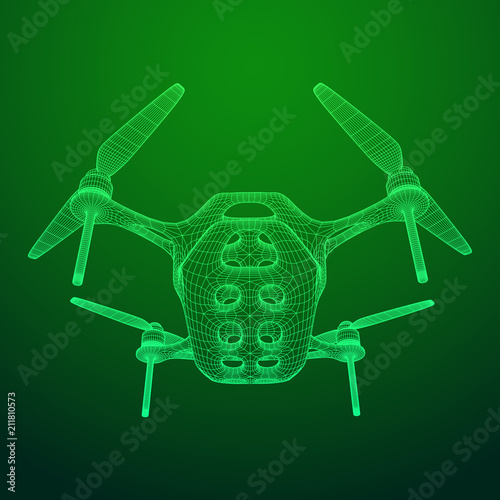 Remote control air drone. Dron flying with action video camera. Wireframe low poly mesh vector illustration