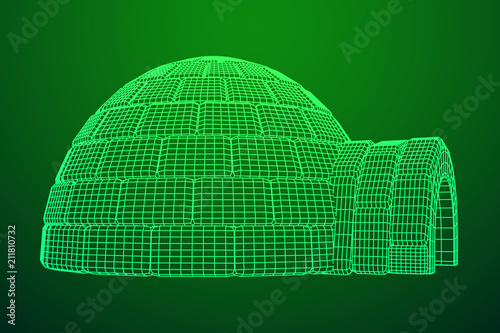 Igloo icehouse. Snowhouse or snowhut. Eskimo shelter built of ice. Wireframe low poly mesh vector illustration