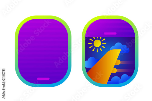 Airplane windows with sun, cloudy sky and wing in flat style. Aircraft travel or tourism. Vector illustration