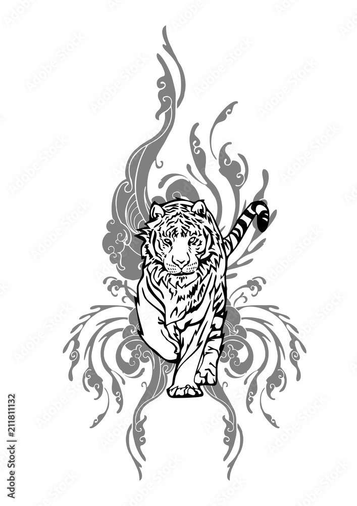 Tiger walking with cloud design for Asian Tattoo vector with white isolated  Stock Vector | Adobe Stock