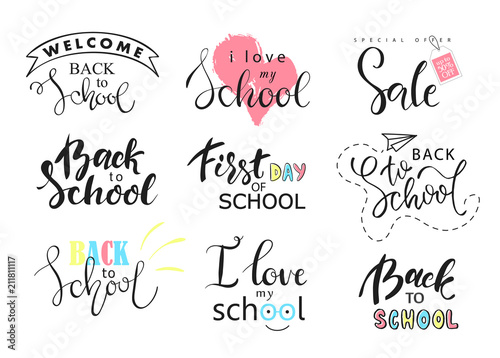 Set of Welcome back to school labels. School Background. Back to school sale tag. Vector illustration. Hand drawn lettering badges. Typography emblem set.