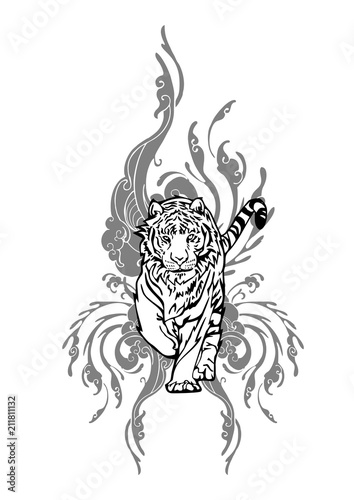 Tiger walking with cloud design for Asian Tattoo vector with white isolated 