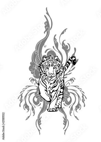 Fototapeta Naklejka Na Ścianę i Meble -  Tiger walking with cloud design for Asian Tattoo vector with white isolated 