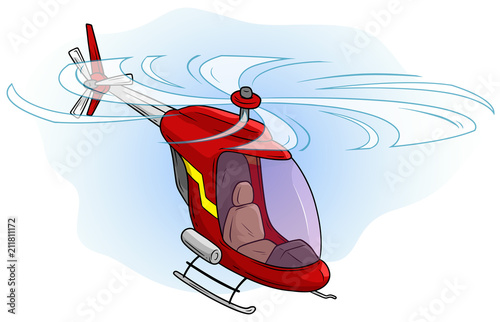 Cartoon red cute helicopter flying in the sky