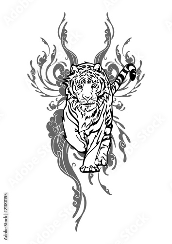 Fototapeta Naklejka Na Ścianę i Meble -  Tiger walking with cloud design for Asian Tattoo vector with white isolated 