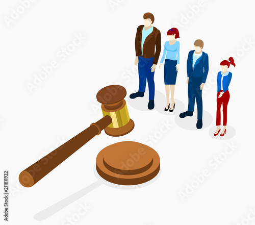 No corruption. Isometric illustration with gavel and people.