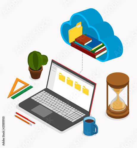 Office or student workplace with laptop used cloud storage.