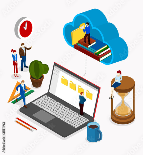 Office or student workplace with laptop used cloud storage.