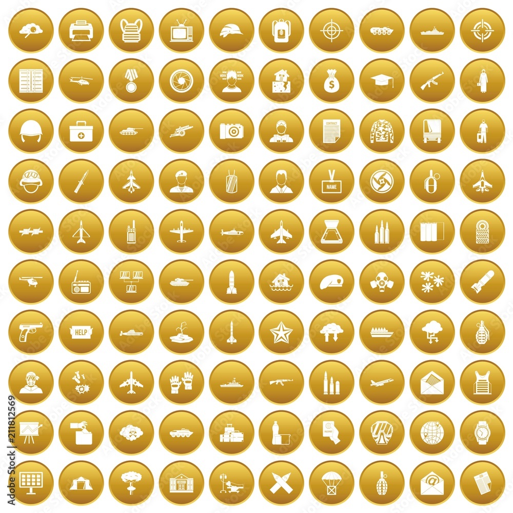 100 military journalist icons set in gold circle isolated on white vectr illustration 100 military journalist icons set in gold circle isolated on white vectr illustration