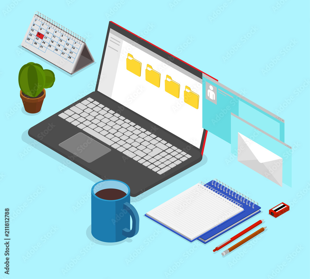 Office workplace with laptop and stationery. Isometric illustration. Office workplace with laptop and stationery. Isometric illustration.