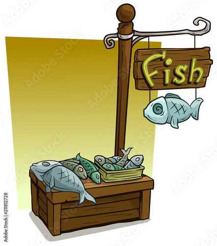 Cartoon fish vendor booth market wooden stand