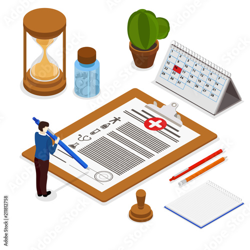 Workplace of doctor or pharmacist with recipe. Isometric illustration.