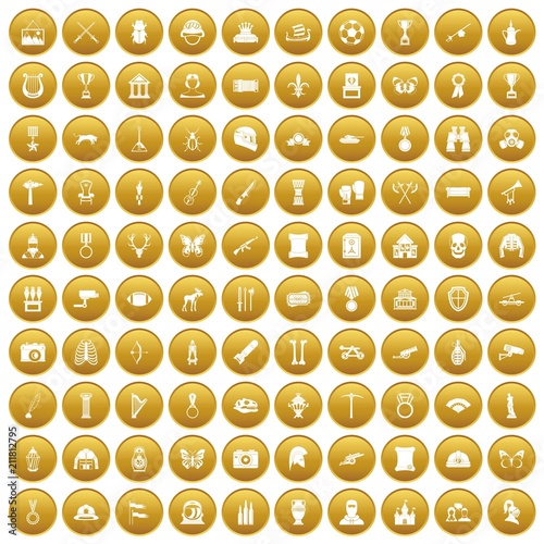 100 museum icons set in gold circle isolated on white vectr illustration